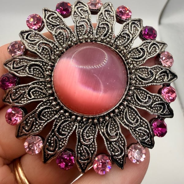 Vintage Silver Tone Pink Cabochon Rhinestone Brooch Pin