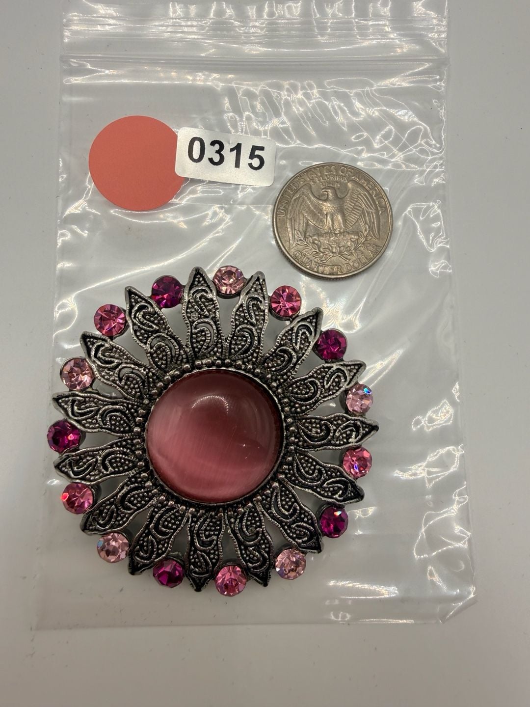 Vintage Silver Tone Pink Cabochon Rhinestone Brooch Pin 3