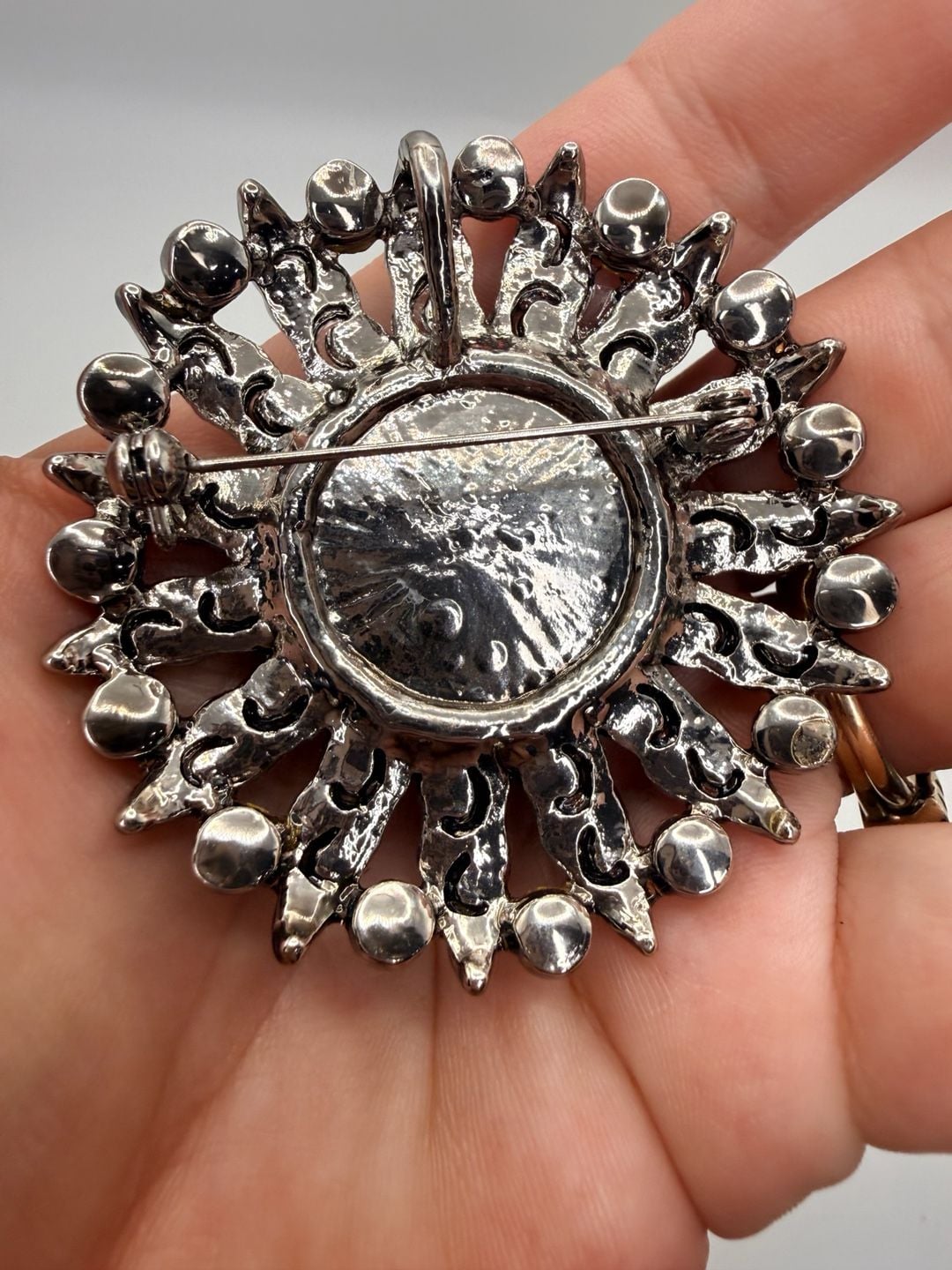 Vintage Silver Tone Pink Cabochon Rhinestone Brooch Pin 4