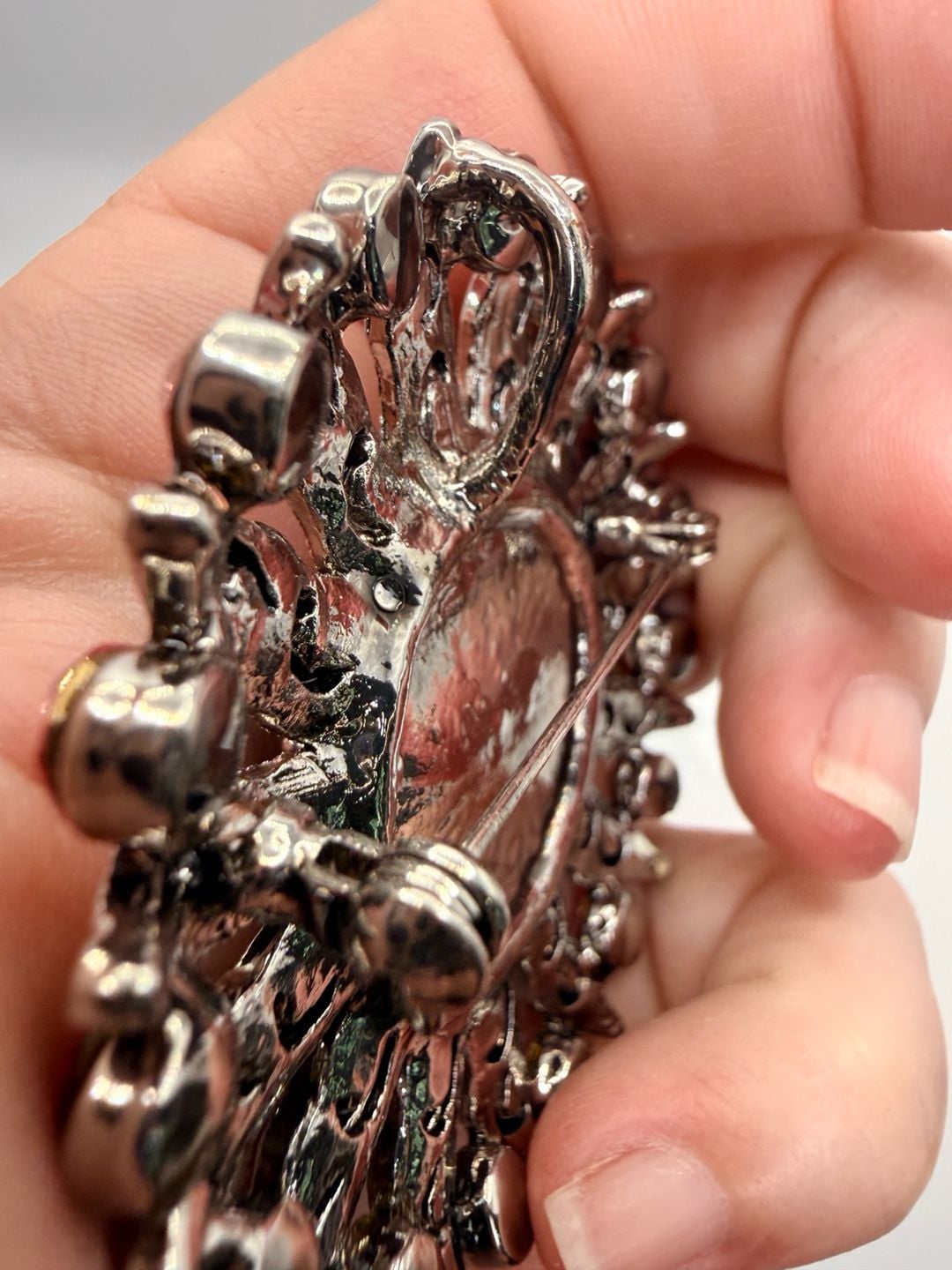 Vintage Silver Tone Pink Cabochon Rhinestone Brooch Pin 5