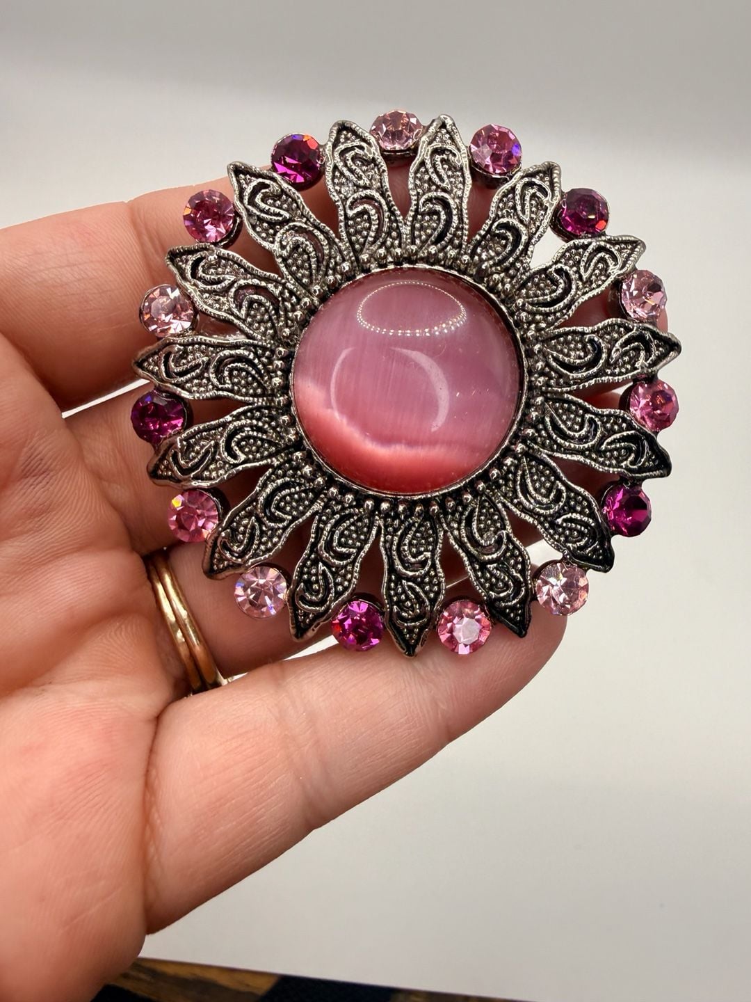 Vintage Silver Tone Pink Cabochon Rhinestone Brooch Pin 7