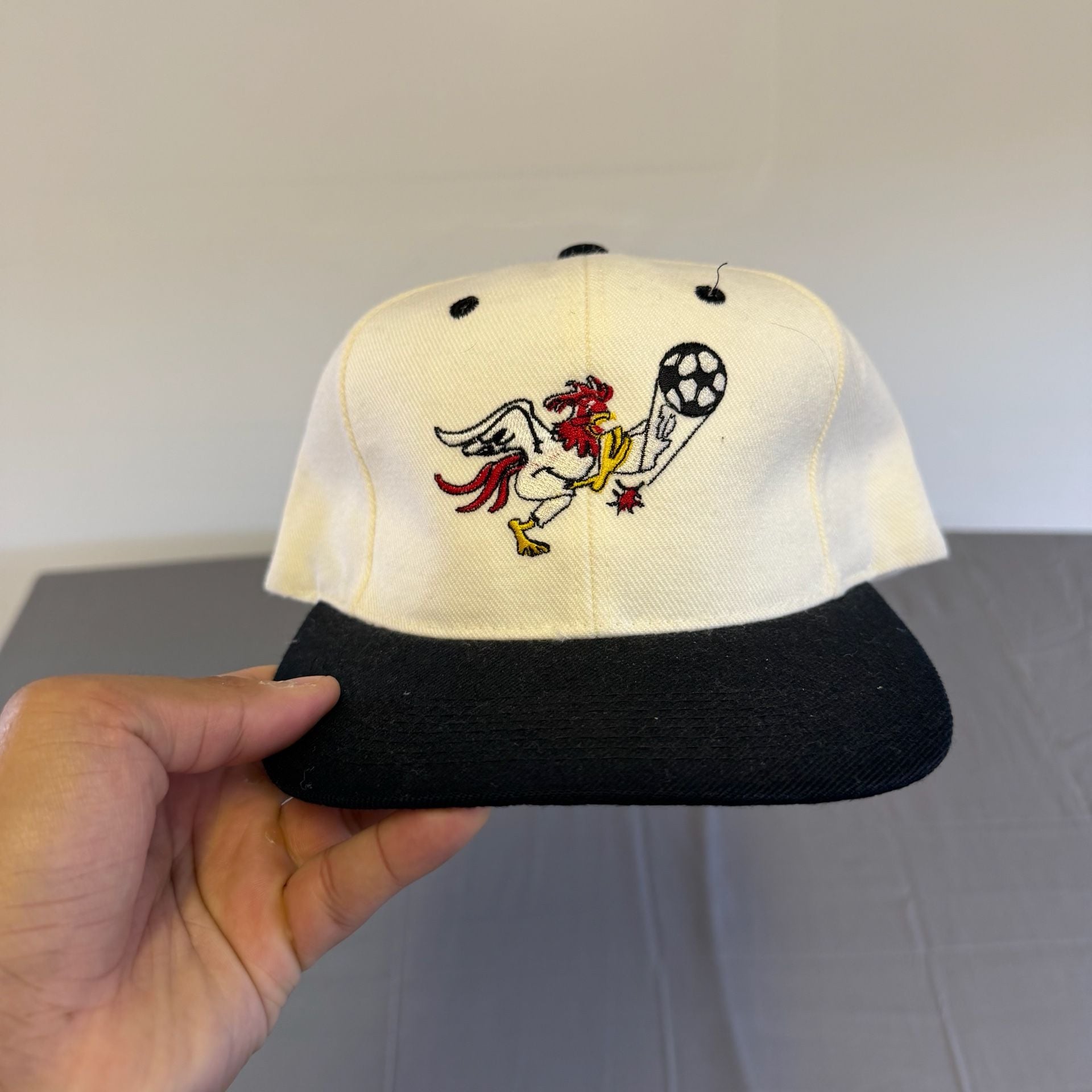 Vintage Rooster Soccer Snapback Hat White Black Embroidered Graphic 2