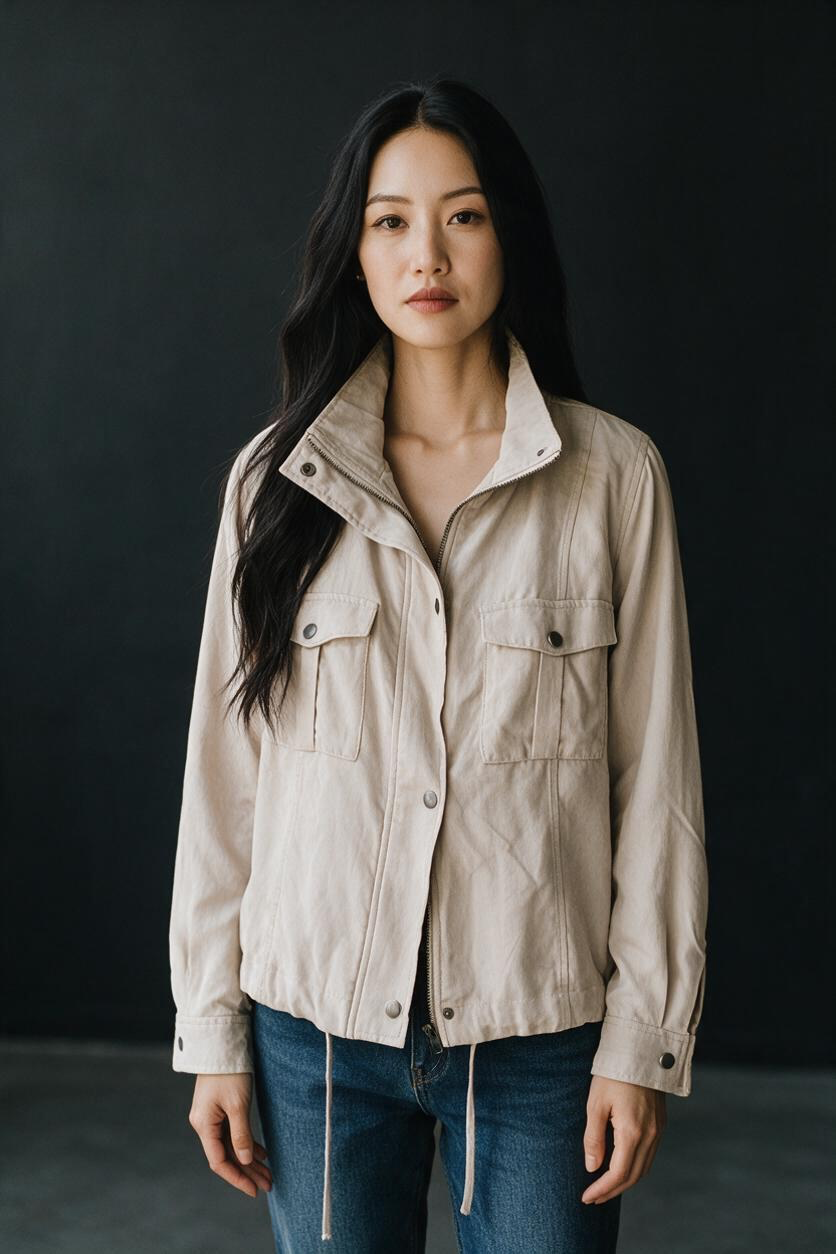 Korye Utility Jacket Size Med Beige Full Zip Mock Neck 2