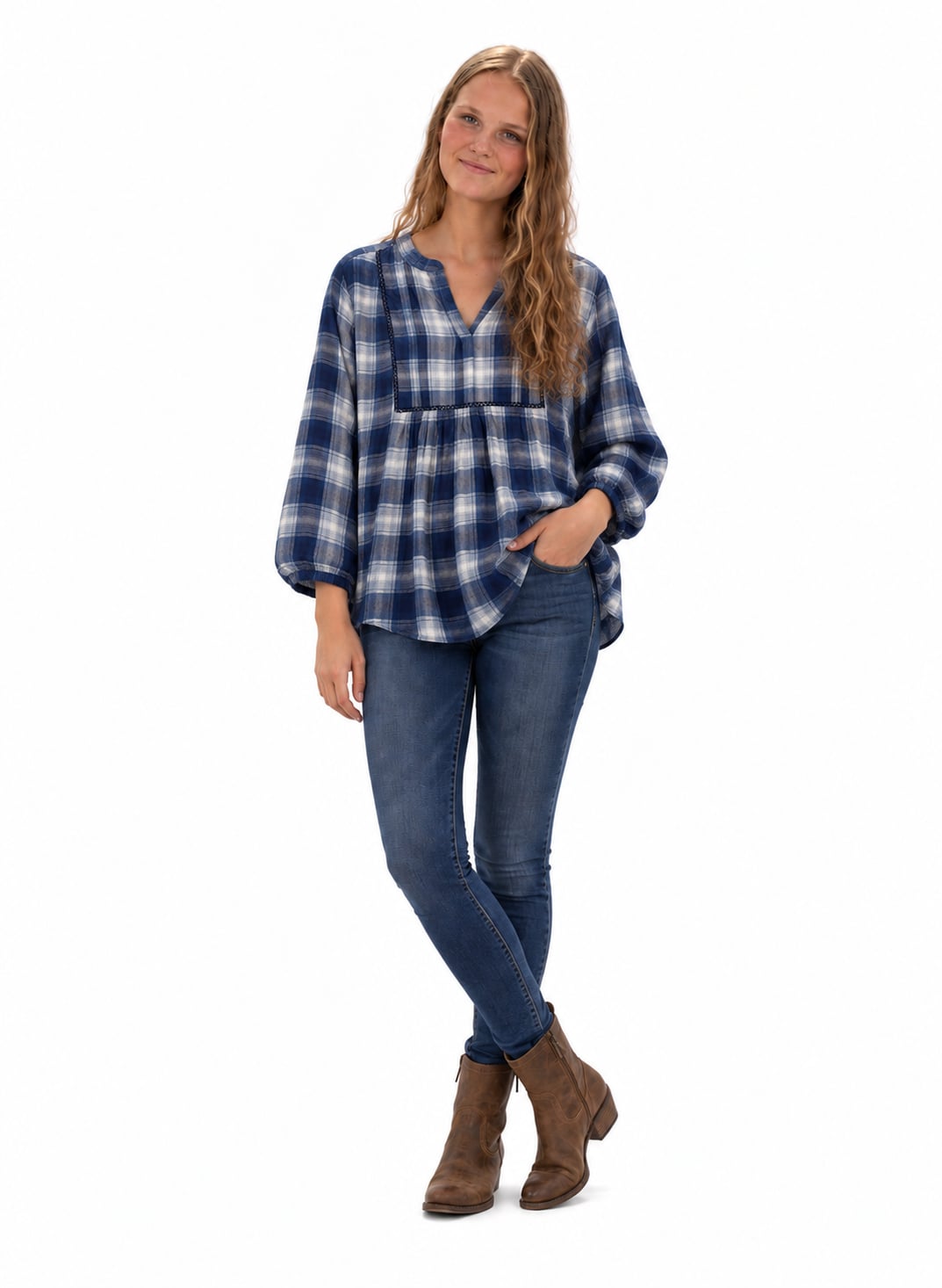 NWT- Wrangler Plaid Babydoll Blouse Size Small Blue 2