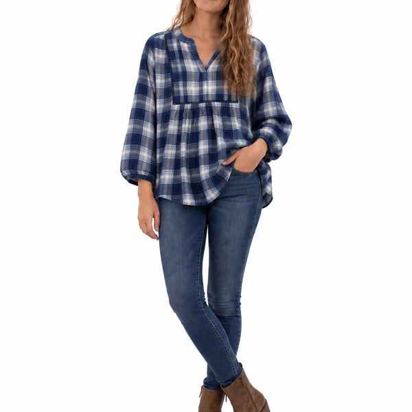NWT- Wrangler Plaid Babydoll Blouse Size Small Blue