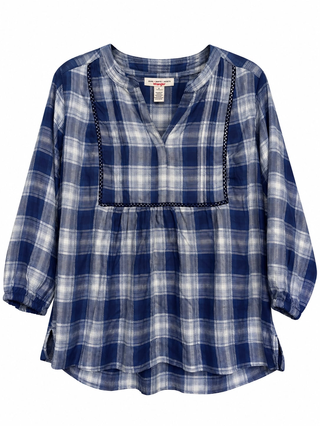 NWT- Wrangler Plaid Babydoll Blouse Size Small Blue 3