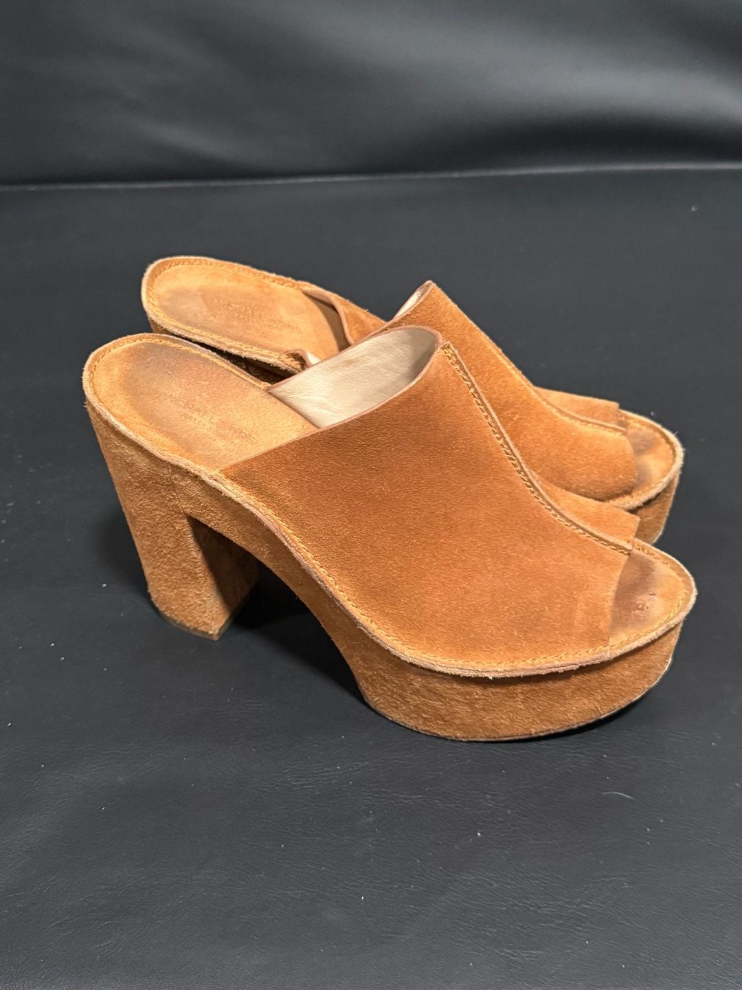Michael Kors Suede Platform Mules Cognac Brown Chunky Heel 7.5 2