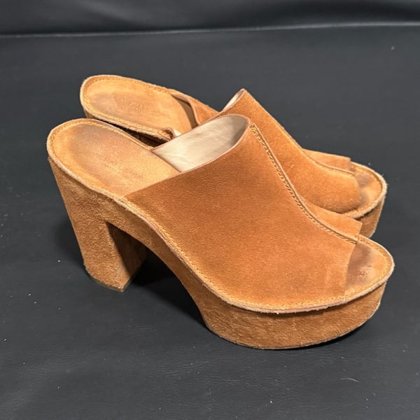 Michael Kors Suede Platform Mules Cognac Brown Chunky Heel 7.5