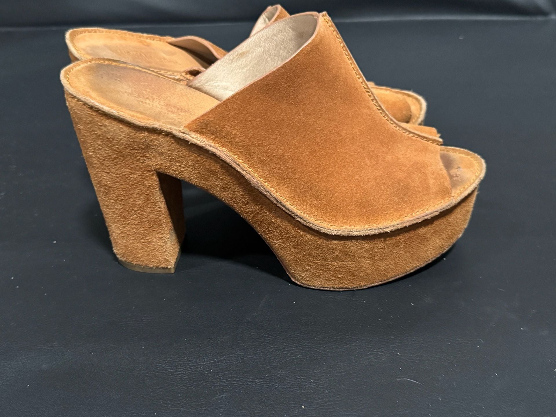 Michael Kors Suede Platform Mules Cognac Brown Chunky Heel 7.5 3