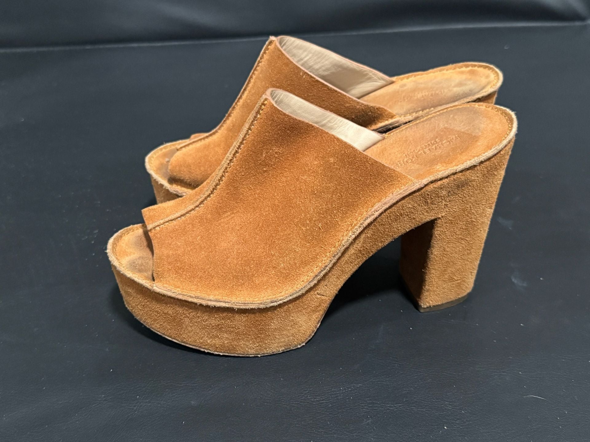 Michael Kors Suede Platform Mules Cognac Brown Chunky Heel 7.5 6