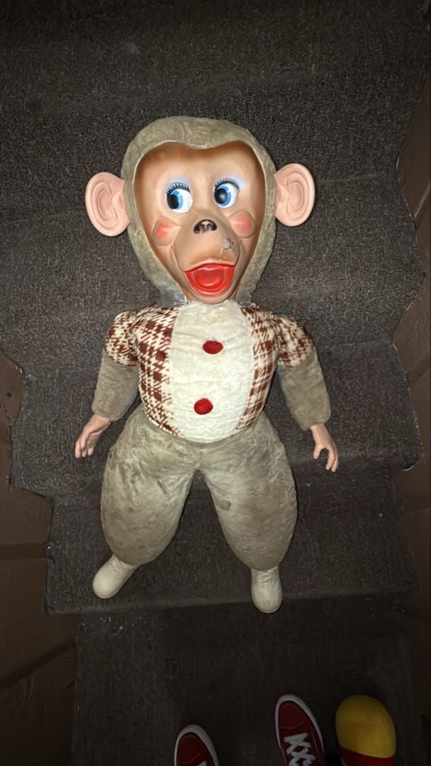 Creepy Vintage Rubber Face Monkey Doll Stuffed Animal Clown Outfit 1