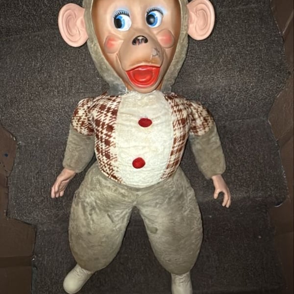 Creepy Vintage Rubber Face Monkey Doll Stuffed Animal Clown Outfit