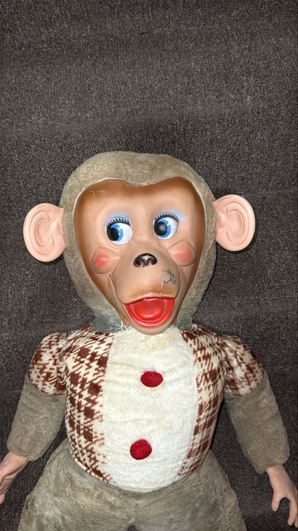Creepy Vintage Rubber Face Monkey Doll Stuffed Animal Clown Outfit 2
