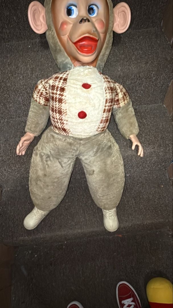 Creepy Vintage Rubber Face Monkey Doll Stuffed Animal Clown Outfit 3