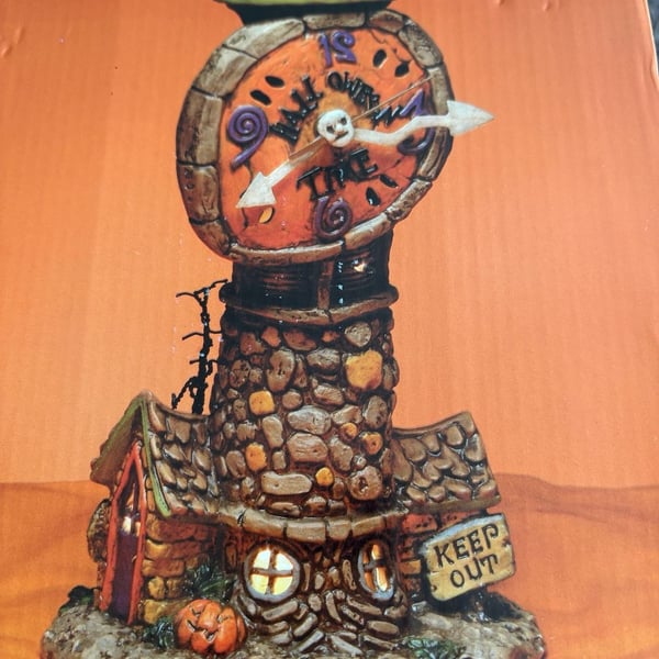 Classic Lighted Porcelain Animated Clock Tower Halloween Prop