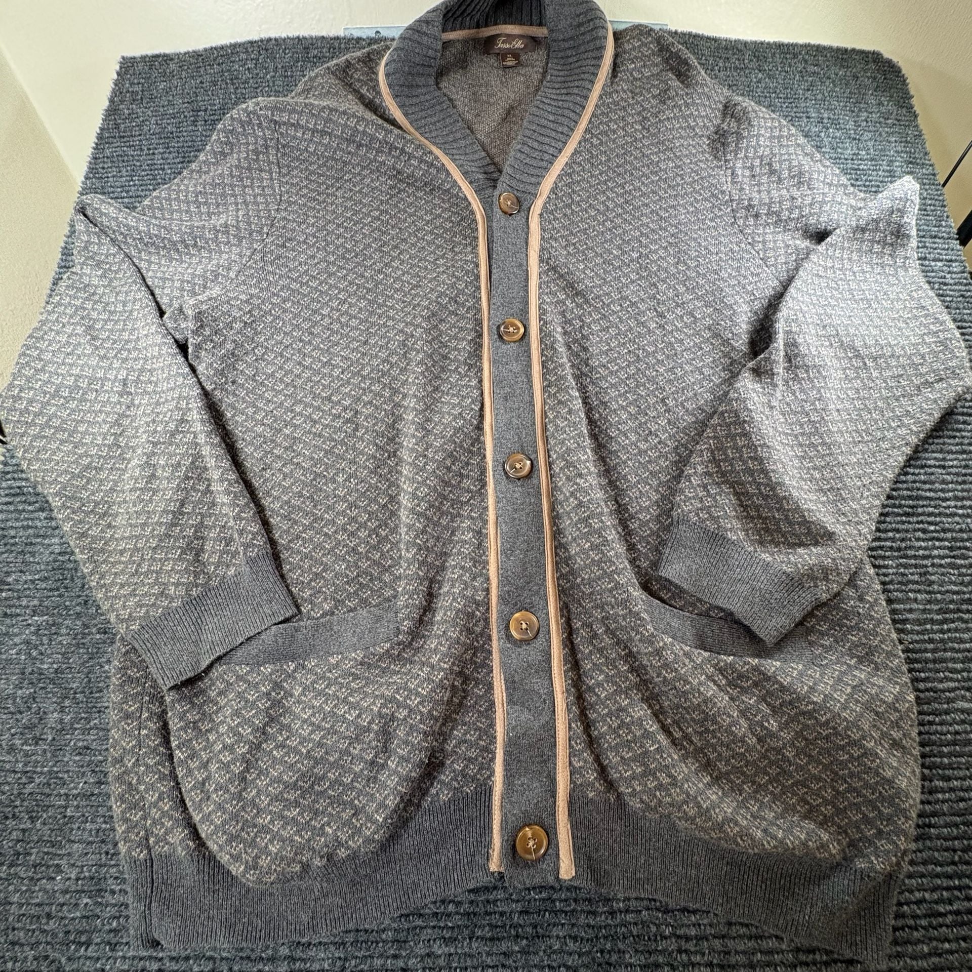 Tasso Elba Cardigan Sweater Size XL Gray Patterned Knit Shawl Collar 2