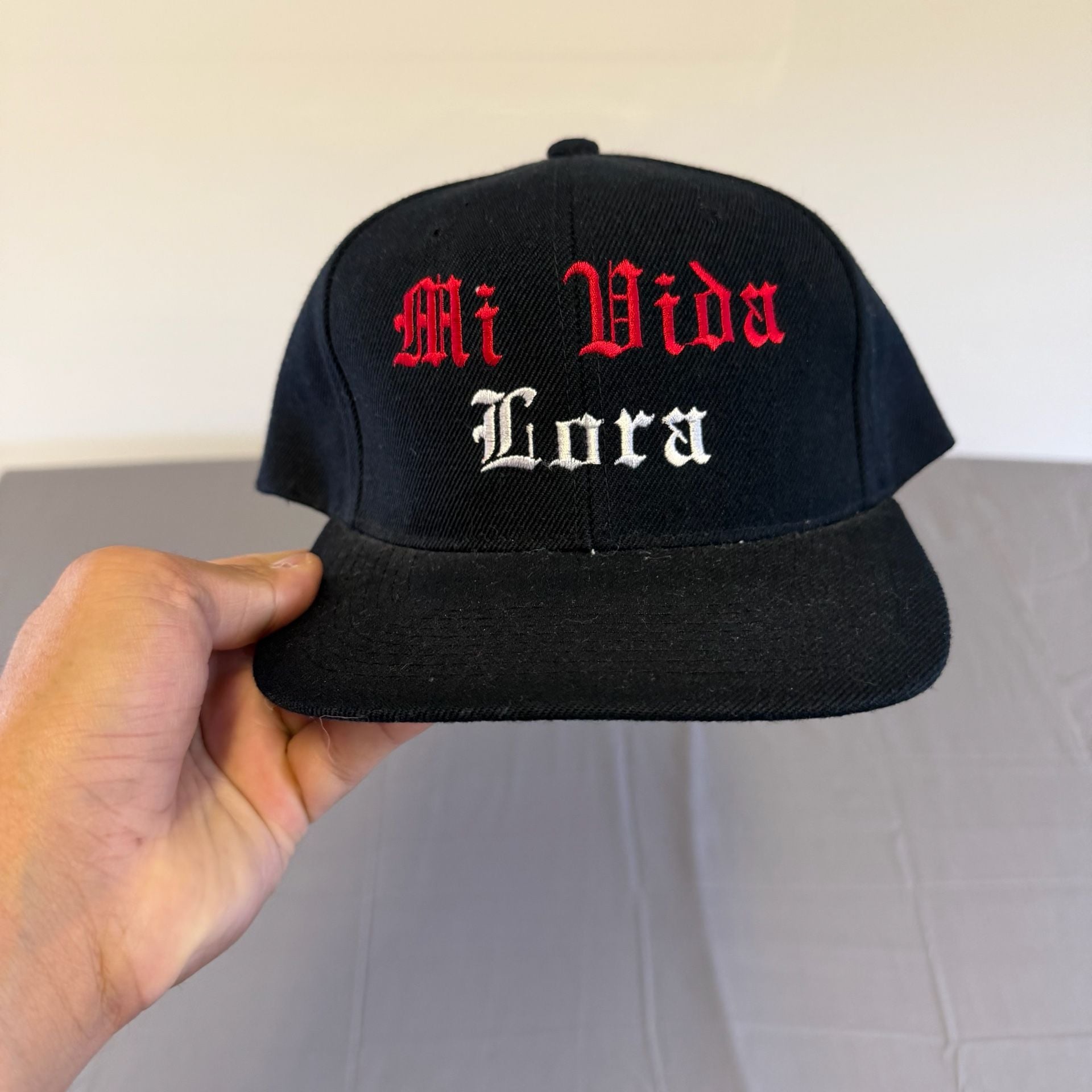 Custom Mi Vida Lora Snapback Hat Black Red White Old English 2