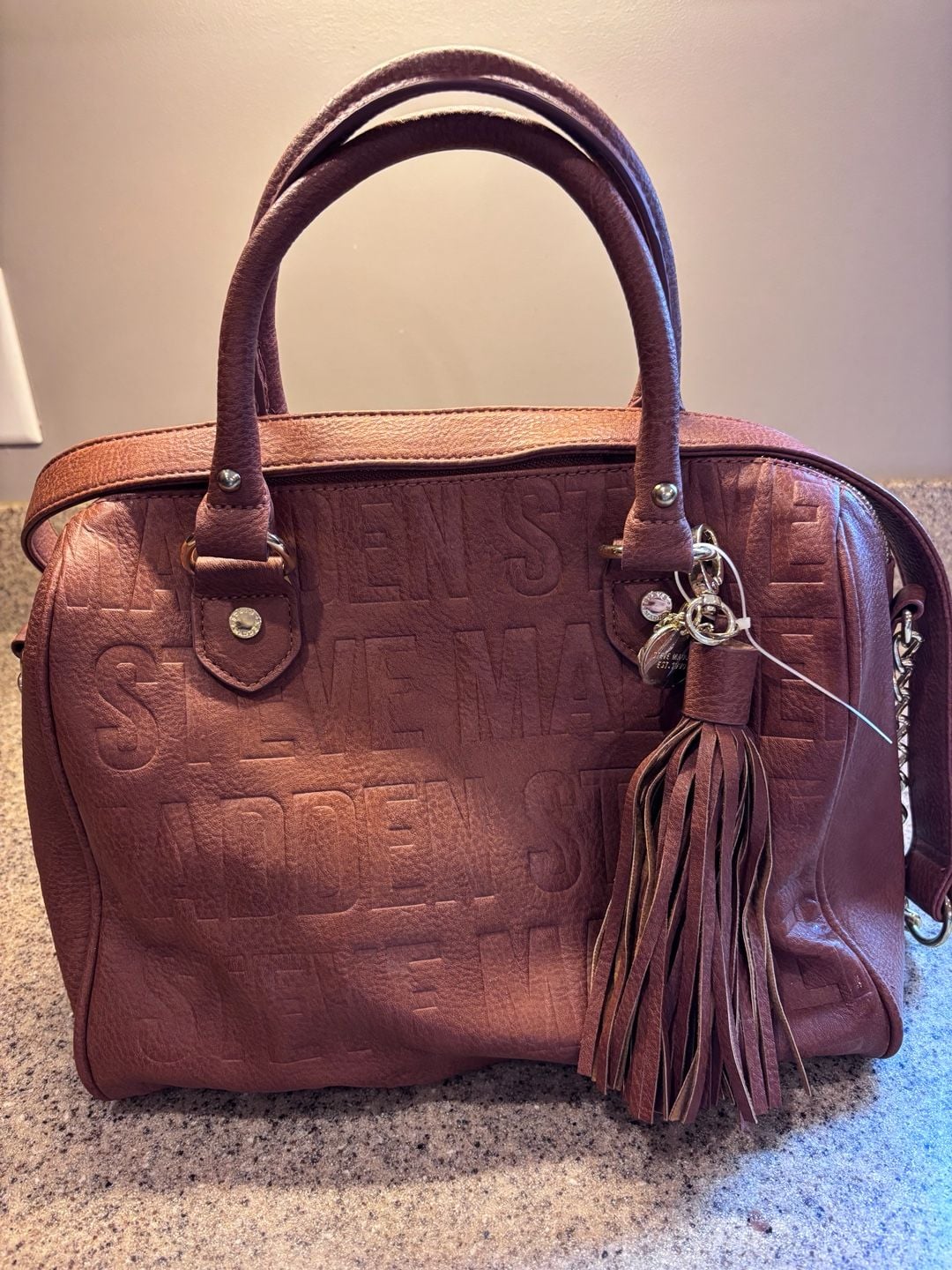 Steve Madden Embossed Satchel Handbag Brown Tassel 2