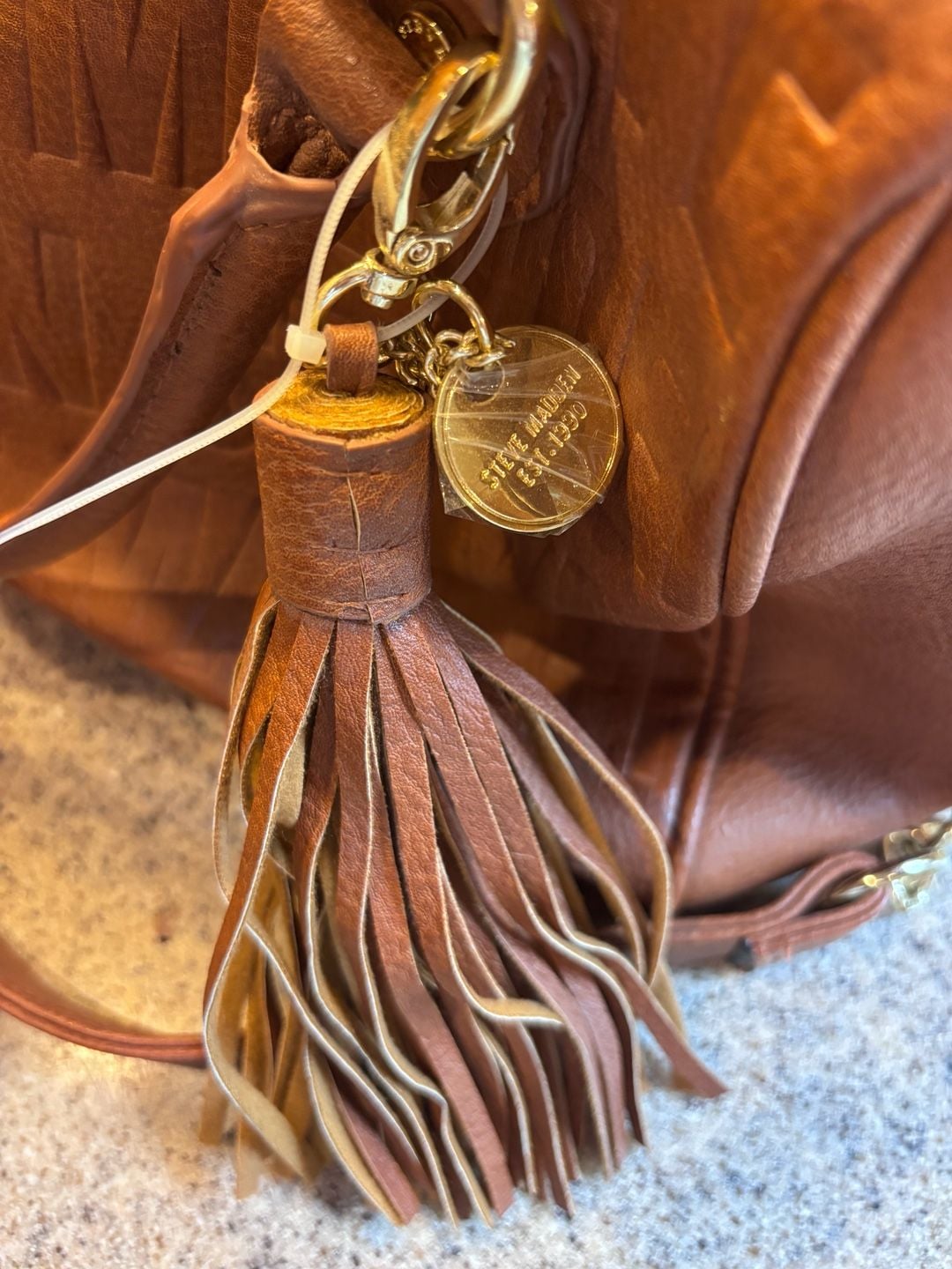 Steve Madden Embossed Satchel Handbag Brown Tassel 4