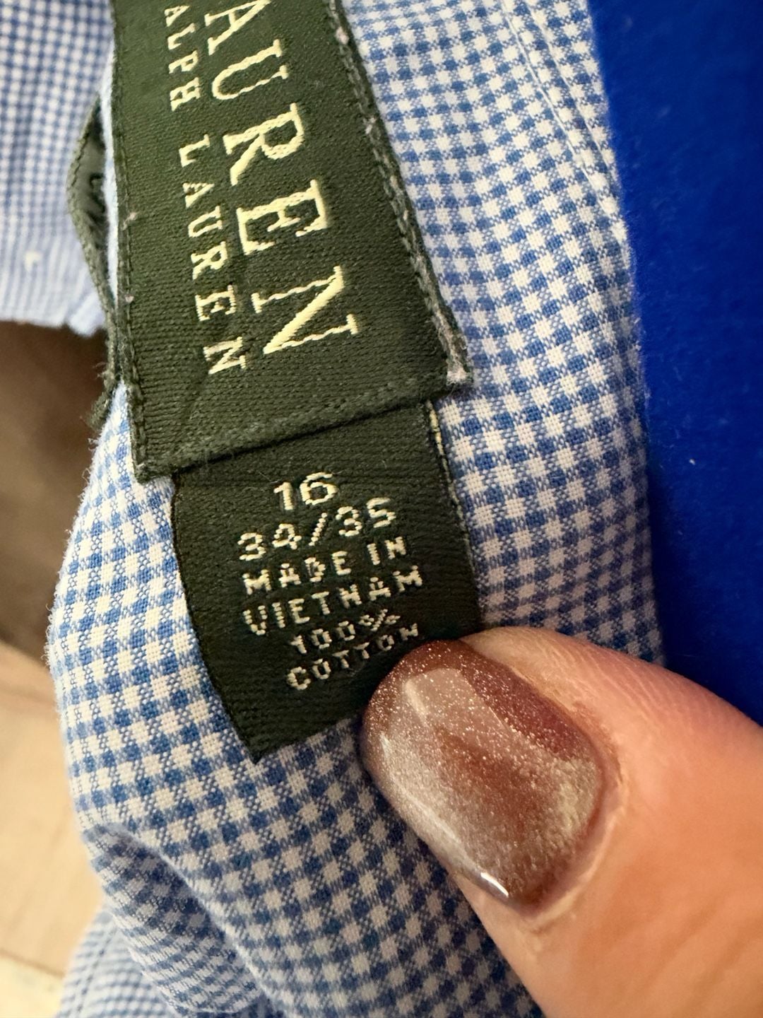 Lauren Ralph Lauren Dress Shirt Size 16 34/35 Blue Gingham Classic Fit 4