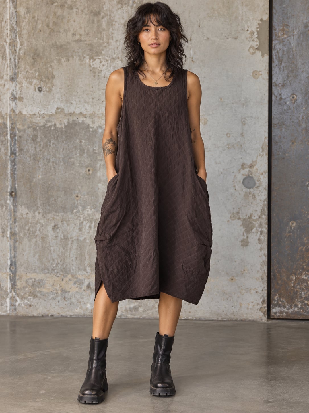 Draped Dress Brown Sleeveless Quilted Midi, M/L 2