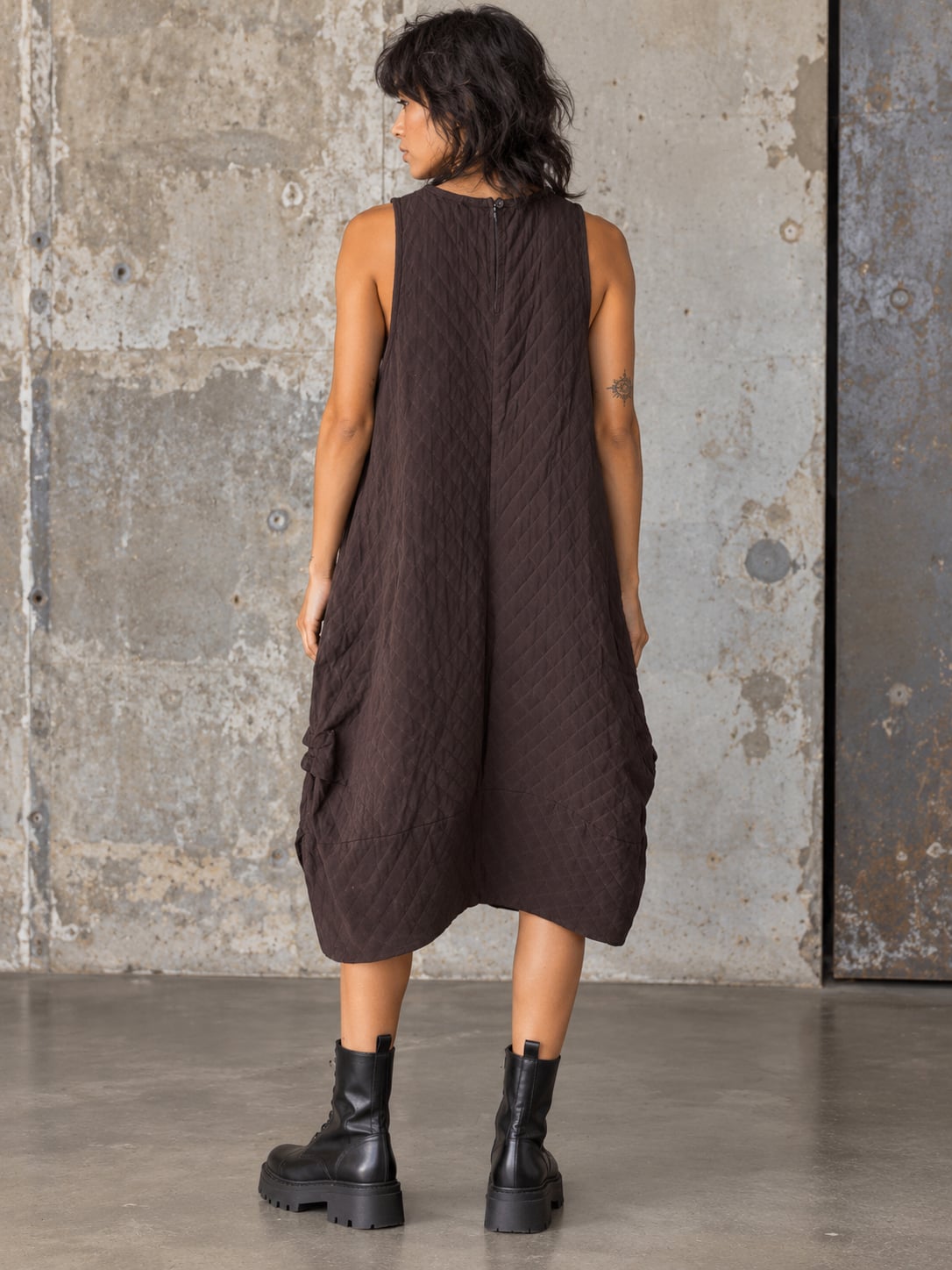 Draped Dress Brown Sleeveless Quilted Midi, M/L 3