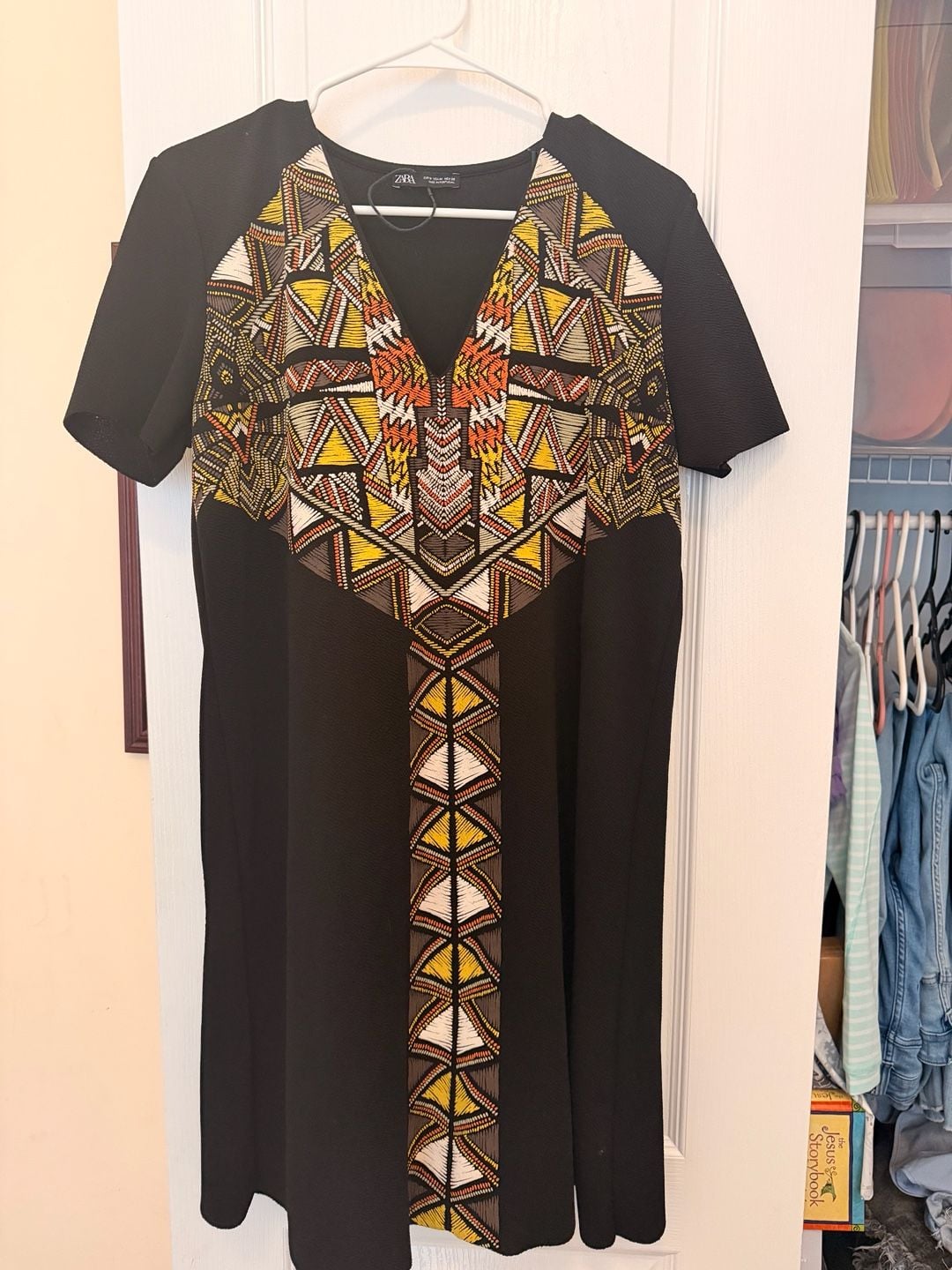 Zara Dress Size M Black Tribal Embroidered Shift Short Sleeve 2