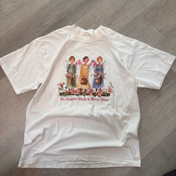 Vintage An Angel's Work Is Never Done Graphic T-Shirt White
