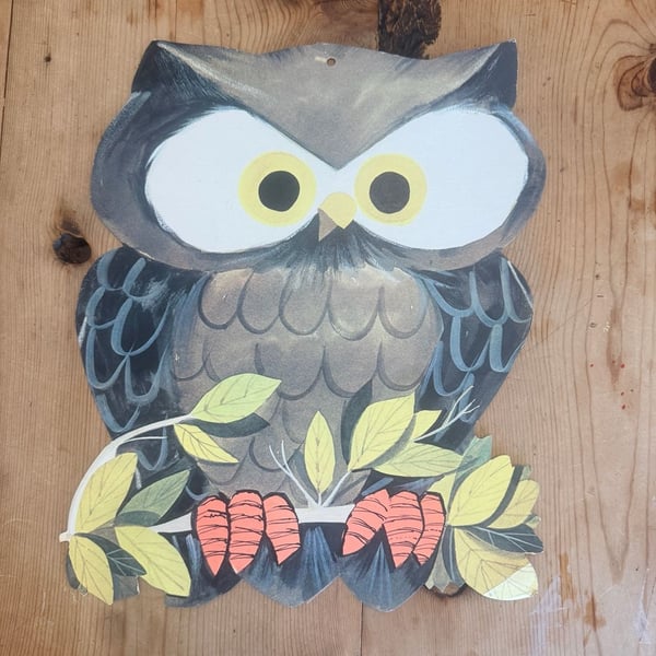 Vintage 1963 Eureka USA Cardboard Owl Diecut - Fall Halloween Decoration