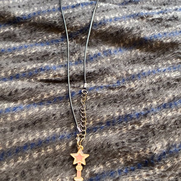 Star Wand Charm Cord Necklace Pink Gold Tone
