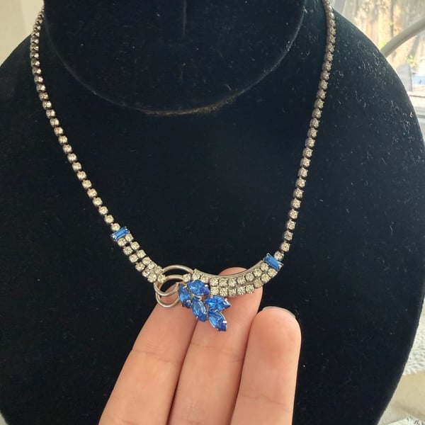 Vintage Silver Tone Blue and Clear Rhinestone Choker Necklace