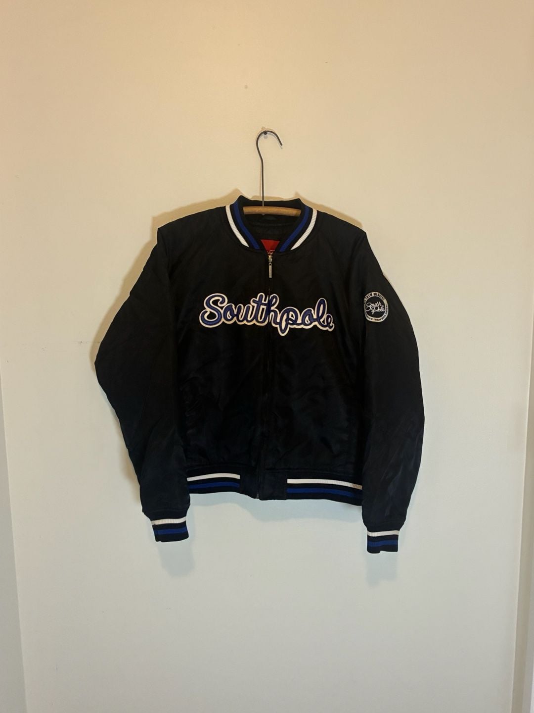 Southpole Bomber Jacket Kids XL Black Satin Varsity Zip Front 2