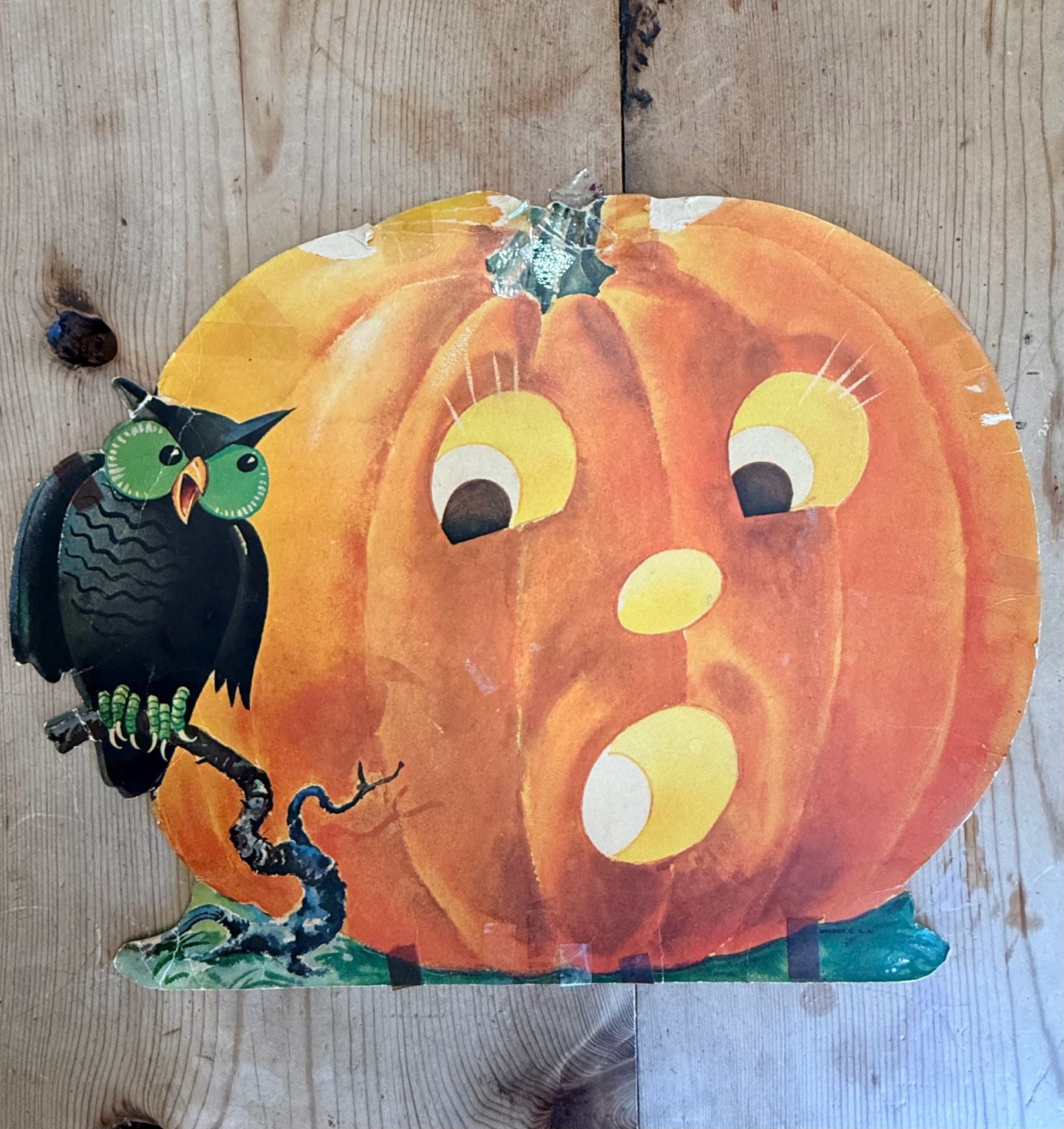 Vintage Dennison Halloween Pumpkin And Owl Die Cut Cardboard Decoration 1