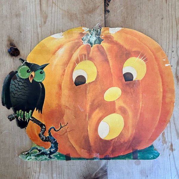 Vintage Dennison Halloween Pumpkin And Owl Die Cut Cardboard Decoration