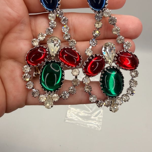 Vintage Multi-Color Rhinestone Chandelier Clip-On Earrings