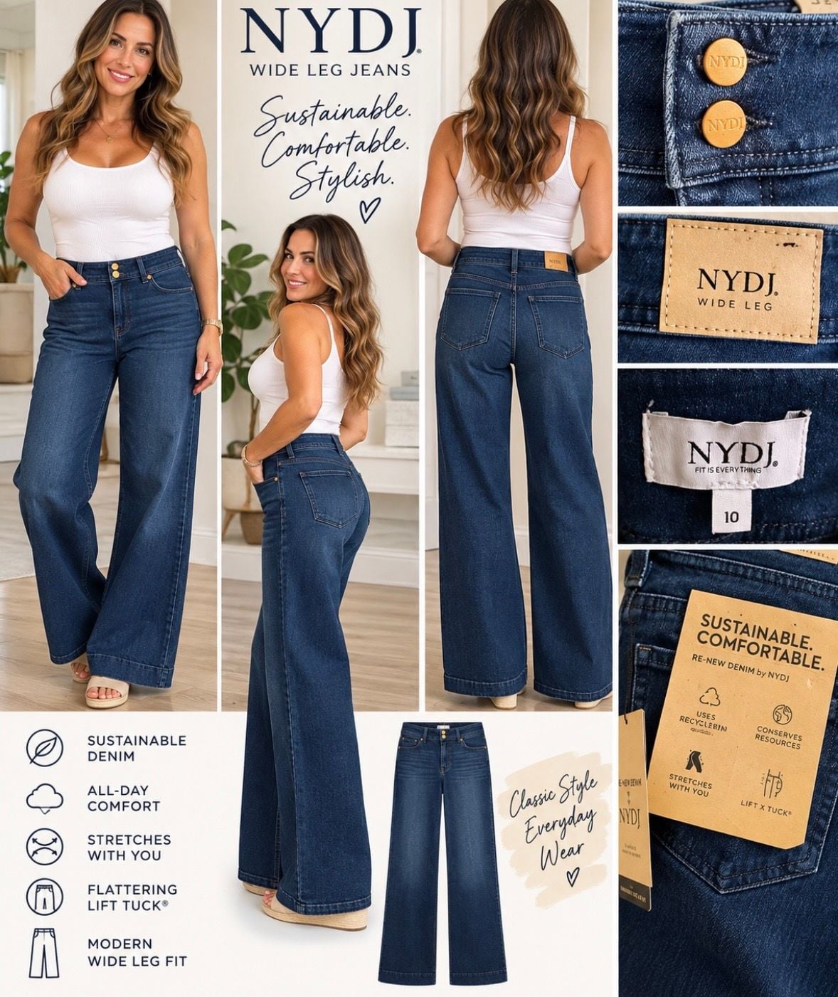 NYDJ Wide Leg Jeans Size 10 Sustainable Dark Wash Denim High Rise 7