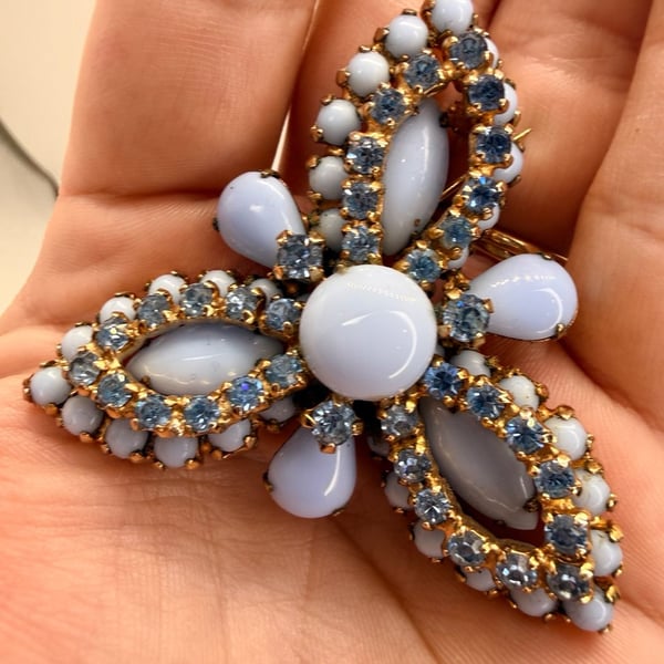 Vintage Blue Milk Glass And Rhinestone Flower Brooch Pin