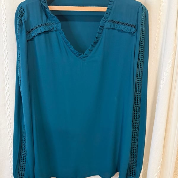 LOFT Womens Large Teal Blouse Ruffle V Neck Lace Inset Long Sleeve Work Top
