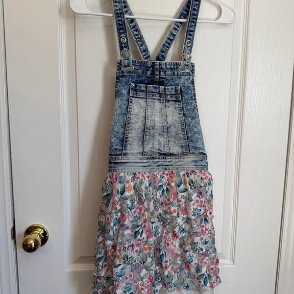 Jordache Acid Wash Denim Bib Overall Dress Floral Skirt