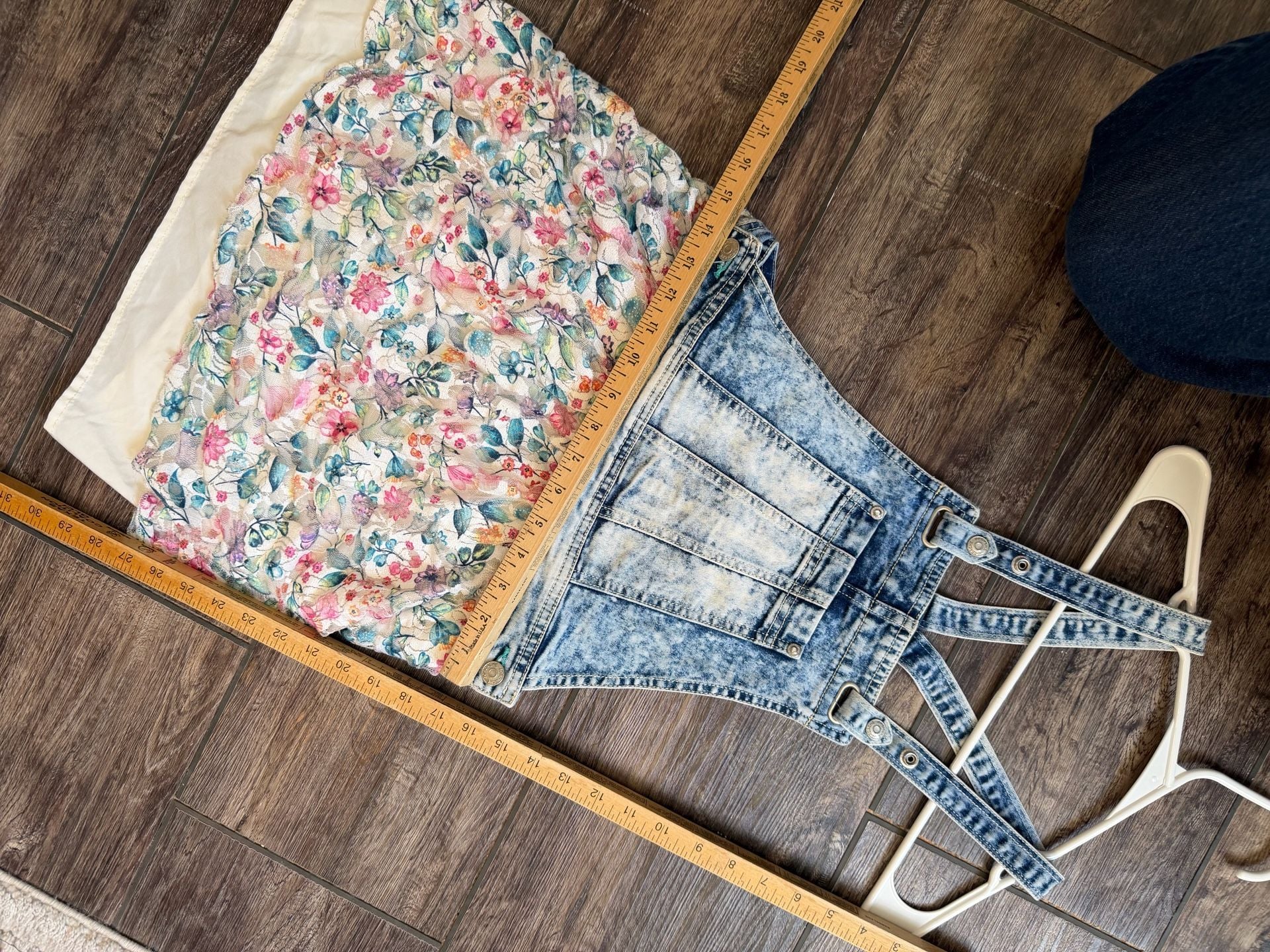 Jordache Acid Wash Denim Bib Overall Dress Floral Skirt 7