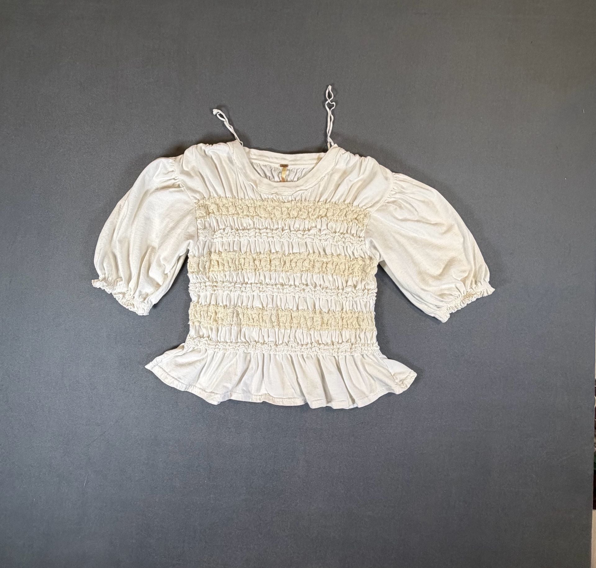 Free People White Smocked Puff Sleeve Peplum Top Blouse Size Medium 3