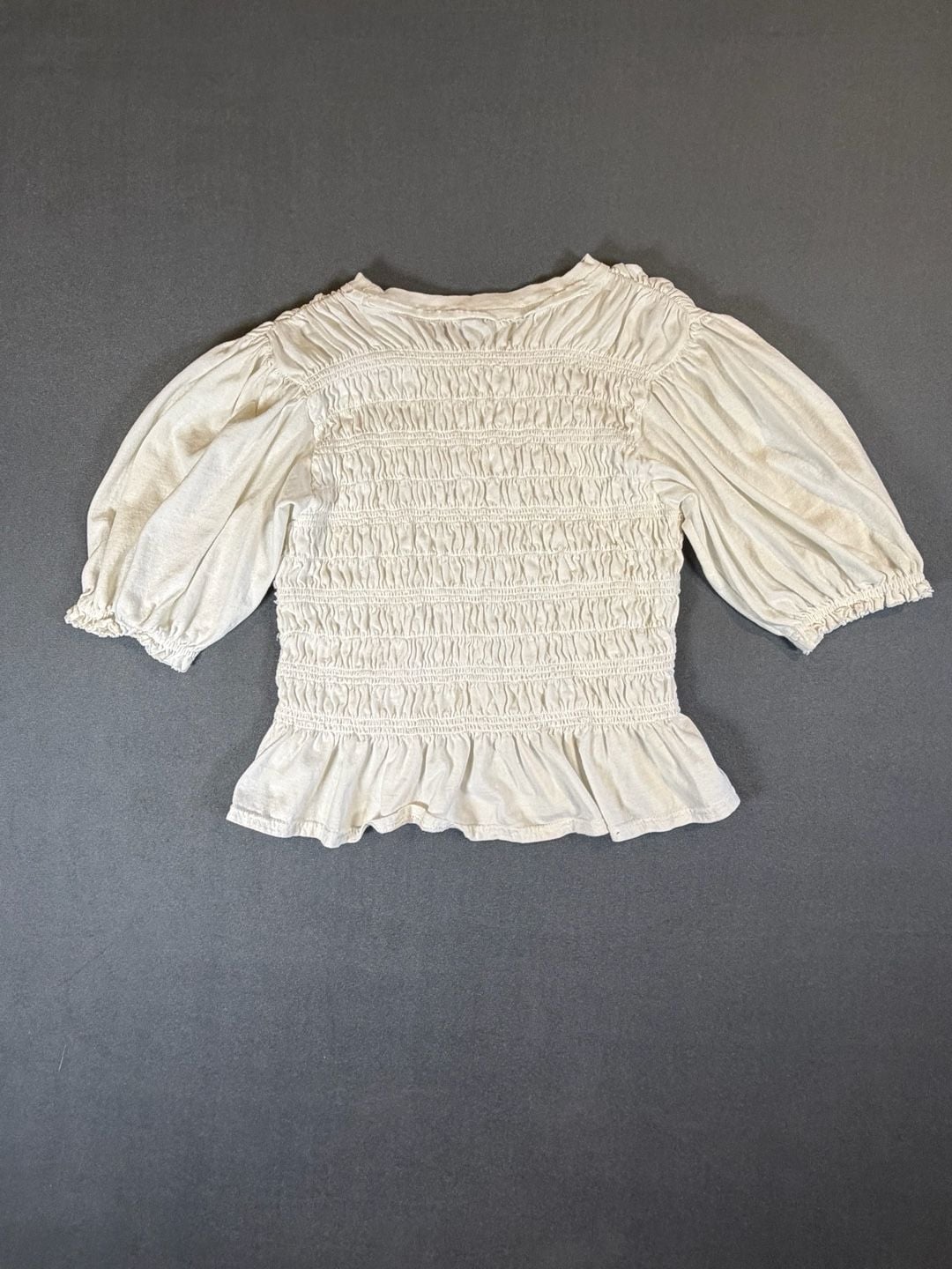 Free People White Smocked Puff Sleeve Peplum Top Blouse Size Medium 7