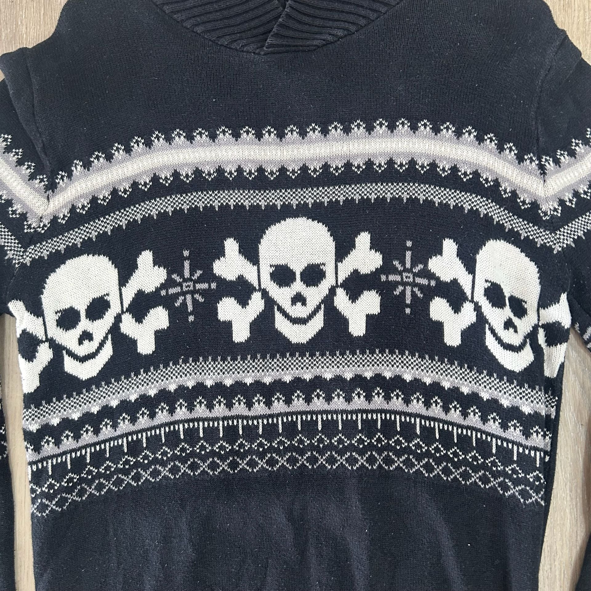 Cherokee Skull Sweater Size L 12/14 Black White Fair Isle Turtleneck 4