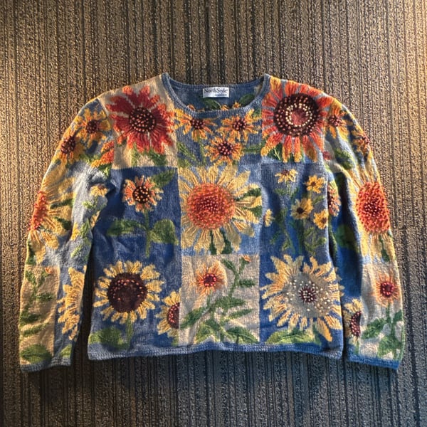 Vintage Crochet Sunflower Sweater Size L/G Beaded Floral Cotton Ramie cabincore