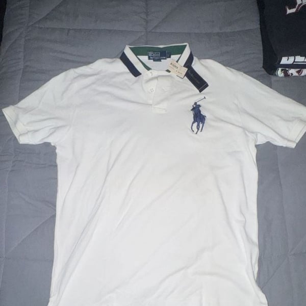 Polo Ralph Lauren Polo Shirt Size L White Cotton Striped Collar