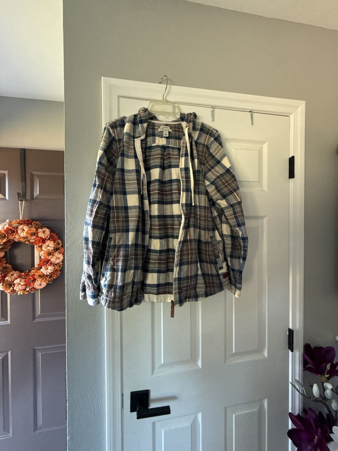 L.L. Bean Flannel Hooded Zip Shirt Size L Blue Plaid Relaxed Fit Cotton 2