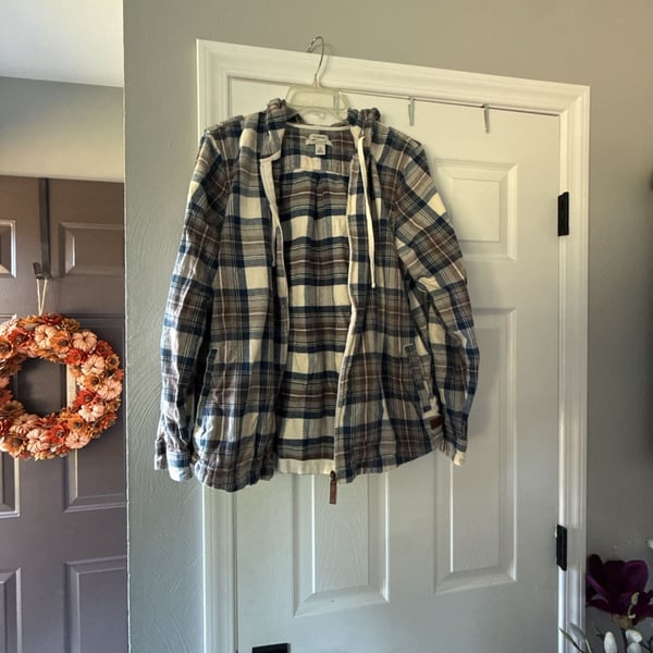 L.L. Bean Flannel Hooded Zip Shirt Size L Blue Plaid Relaxed Fit Cotton