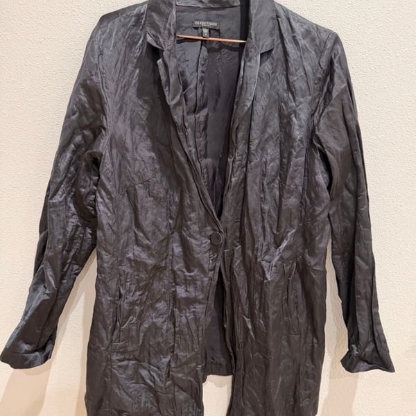 Eileen Fisher Steel Satin Jacket Size 1X Black Metallic Long Sleeve