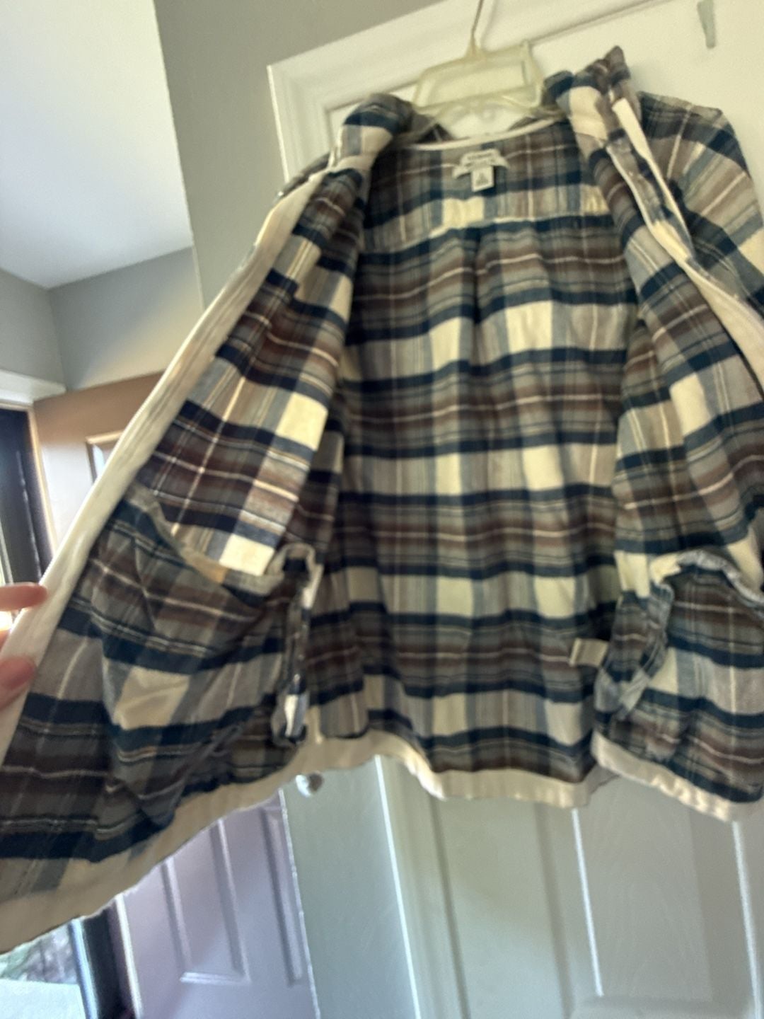 L.L. Bean Flannel Hooded Zip Shirt Size L Blue Plaid Relaxed Fit Cotton 9