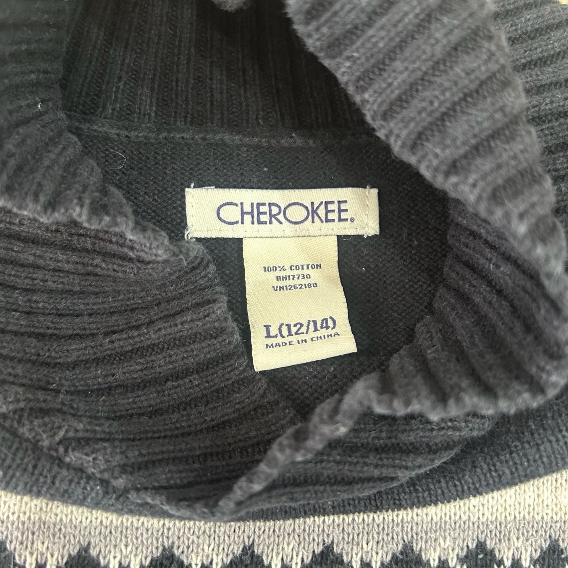 Cherokee Skull Sweater Size L 12/14 Black White Fair Isle Turtleneck 7